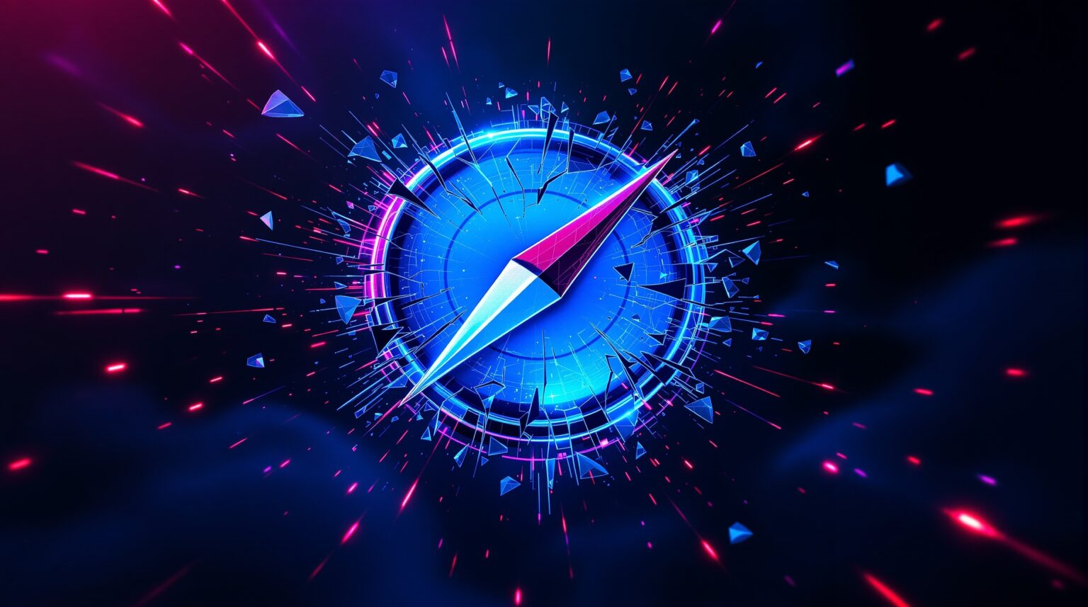 Cracked Safari compass logo with digital fractures and neon glow