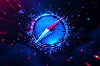 Cracked Safari compass logo with digital fractures and neon glow