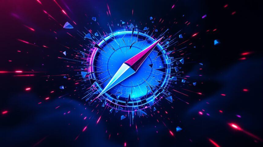 Cracked Safari compass logo with digital fractures and neon glow